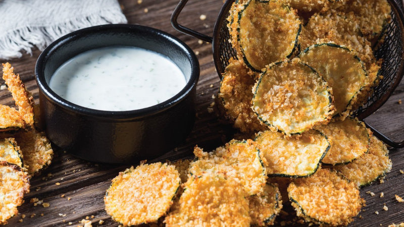 Oven Baked Zucchini Chips with Lime Yoghurt Dip