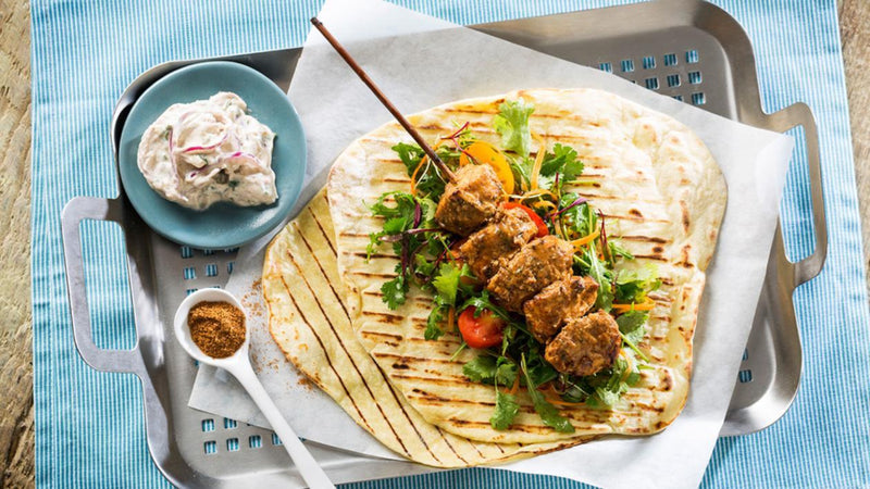 Spicy BBQ Chicken Skewers with Red Onion Tzatziki and Potato Flat Bread
